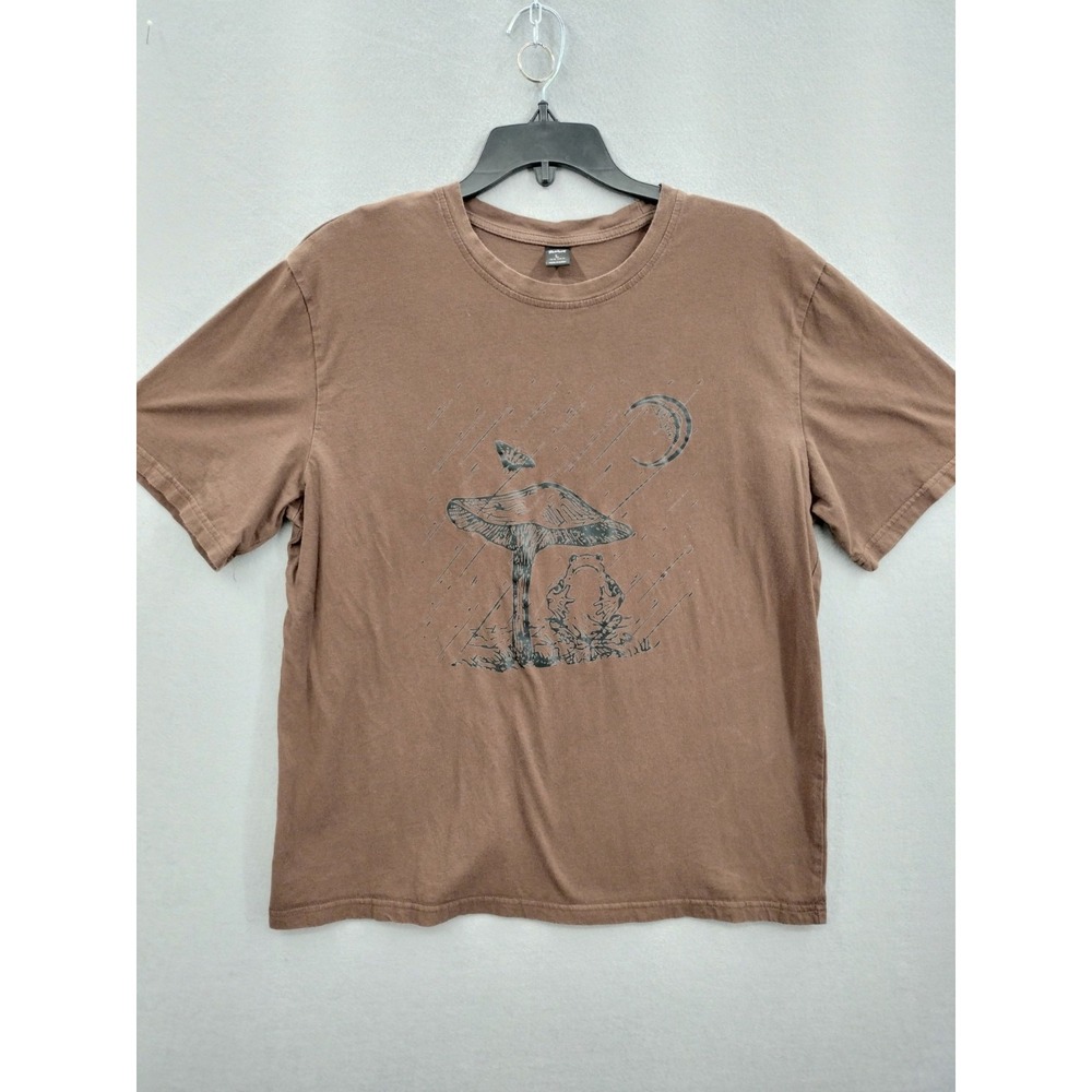 ROMWE T-Shirt Tee Mens Sz  Large Mushroom & Frog Graphic Brown Black 100% Cotton